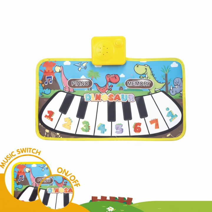 Yellow dinosaur piano mat with numbered keys and close-ups of its mode and power controls