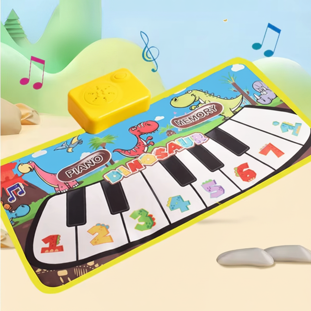 Yellow dinosaur piano play mat with numbered keys and Piano and Memory controls