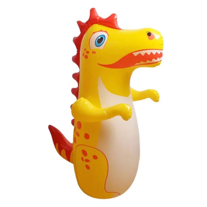 Yellow inflatable dinosaur punching bag with a white belly and red back spikes