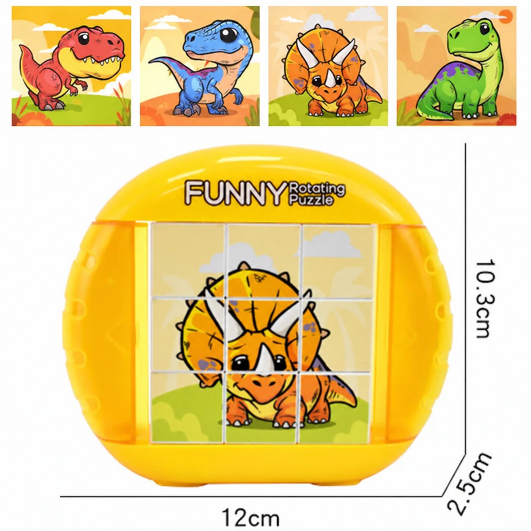 Yellow dinosaur rotary puzzle with a nine-cube grid and dimensions of 12 x 10.3 x 2.5 cm