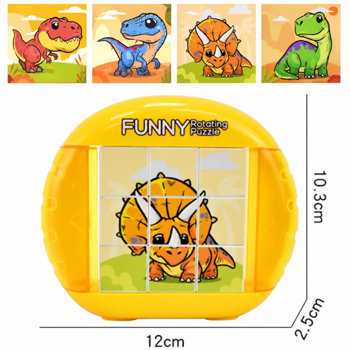 Yellow dinosaur rotary puzzle with a nine-cube grid and dimensions of 12 x 10.3 x 2.5 cm