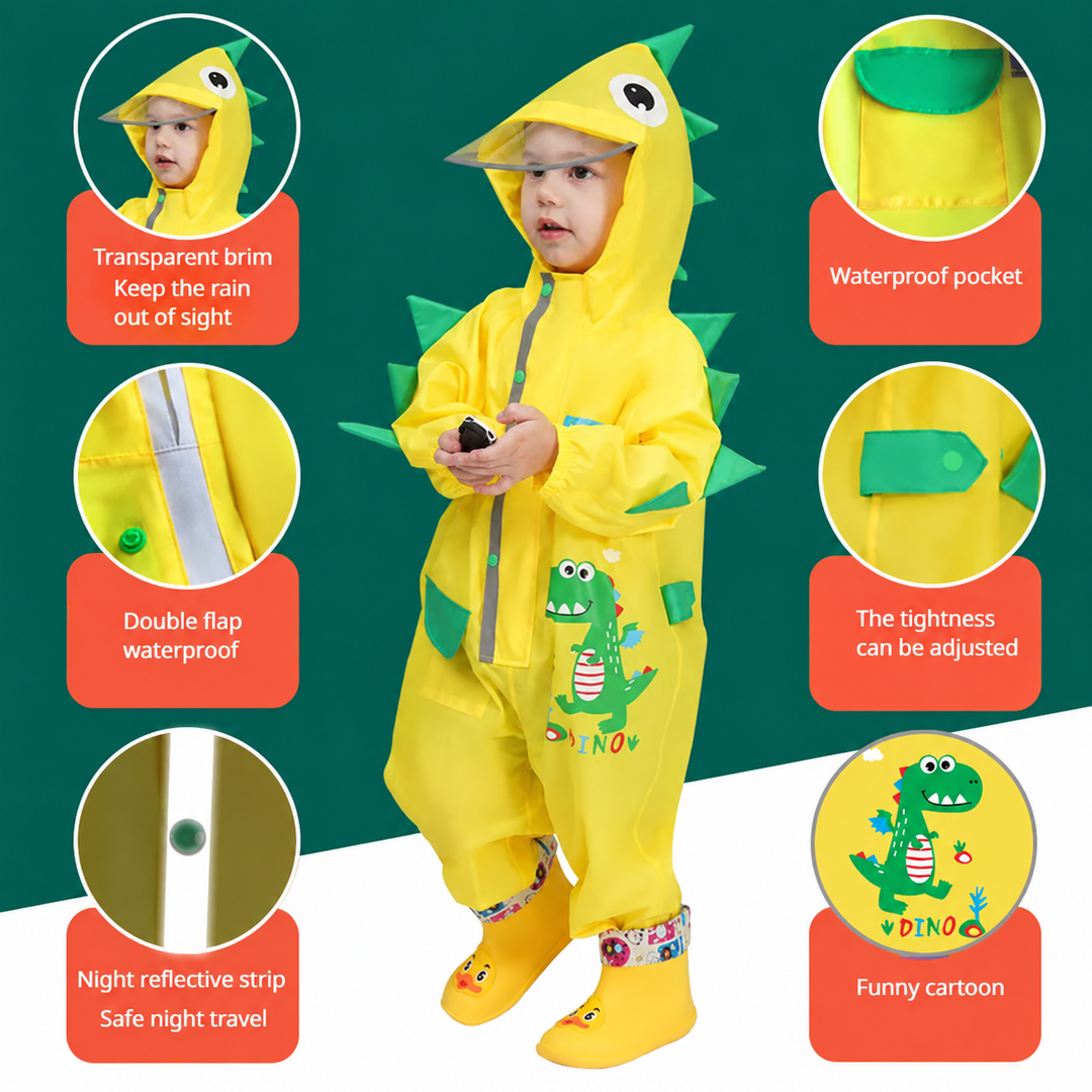 Yellow dinosaur rain suit with close-ups of the clear brim, covered front closure, pocket and adjustable cuff