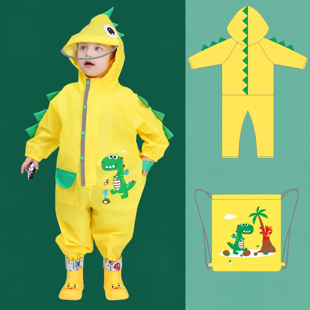Yellow dinosaur rain suit with green hood and back spikes, plus a matching drawstring storage bag