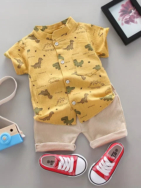 Yellow dinosaur-print button-front shirt paired with beige cuffed shorts