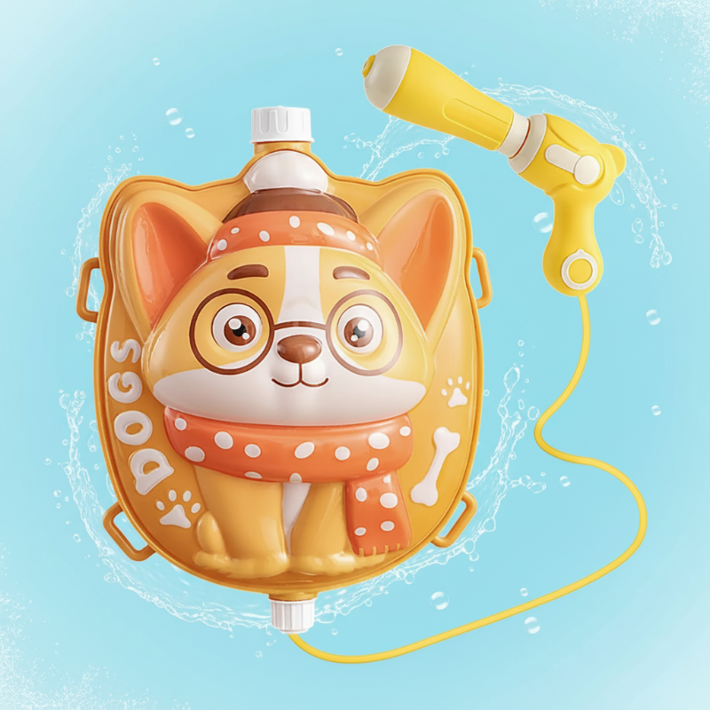 Yellow dog backpack water tank with matching yellow water gun and hose