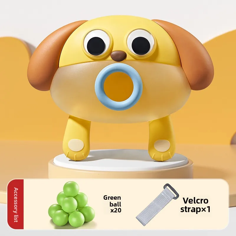 Yellow dog ball game with 20 green balls and one adjustable waist strap