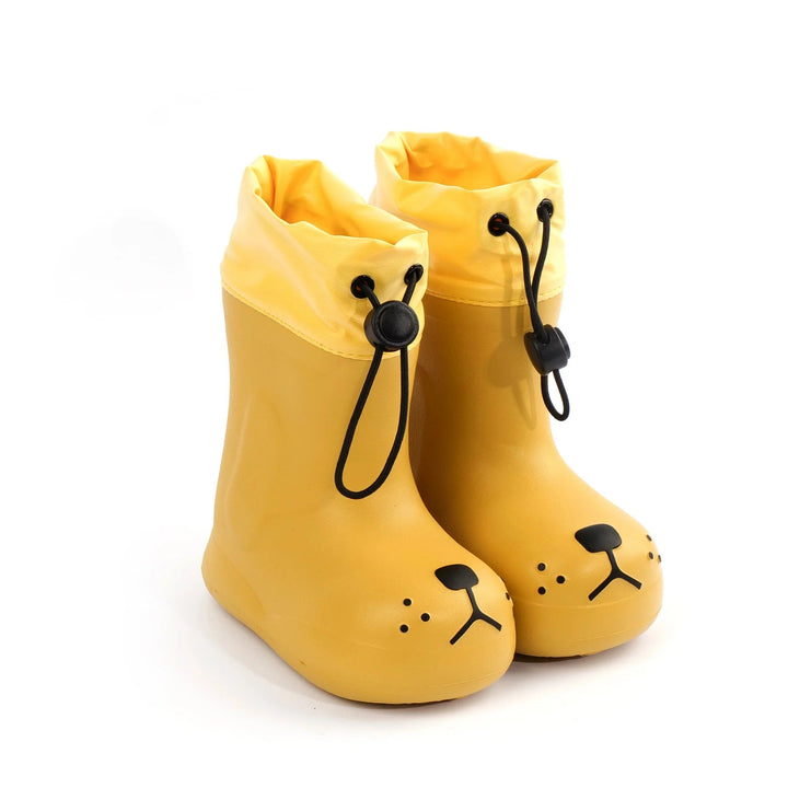 Pair of yellow dog-face rain boots with gathered cuffs and black drawcord fasteners