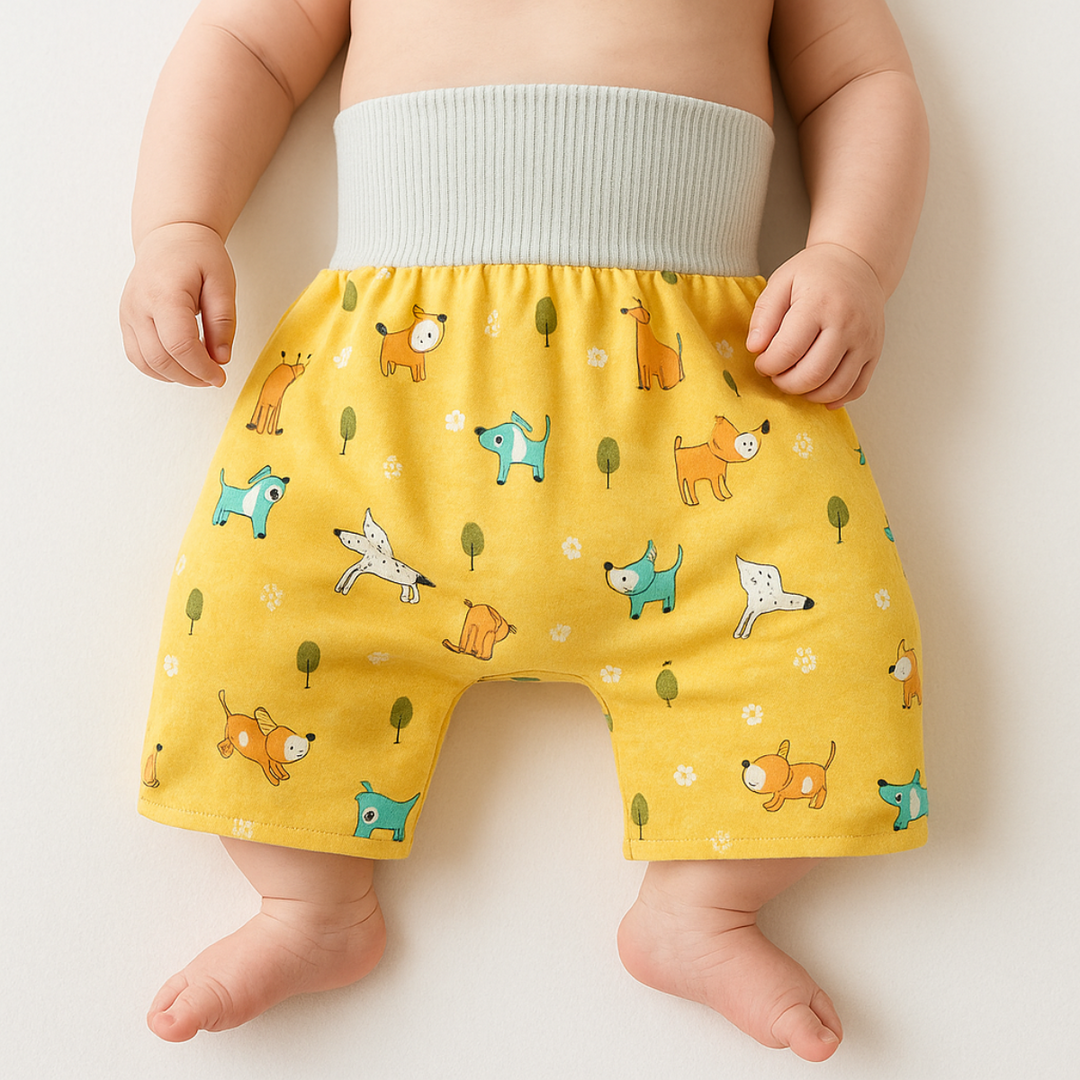 Baby wearing yellow dog-print training pants with a wide ribbed waistband