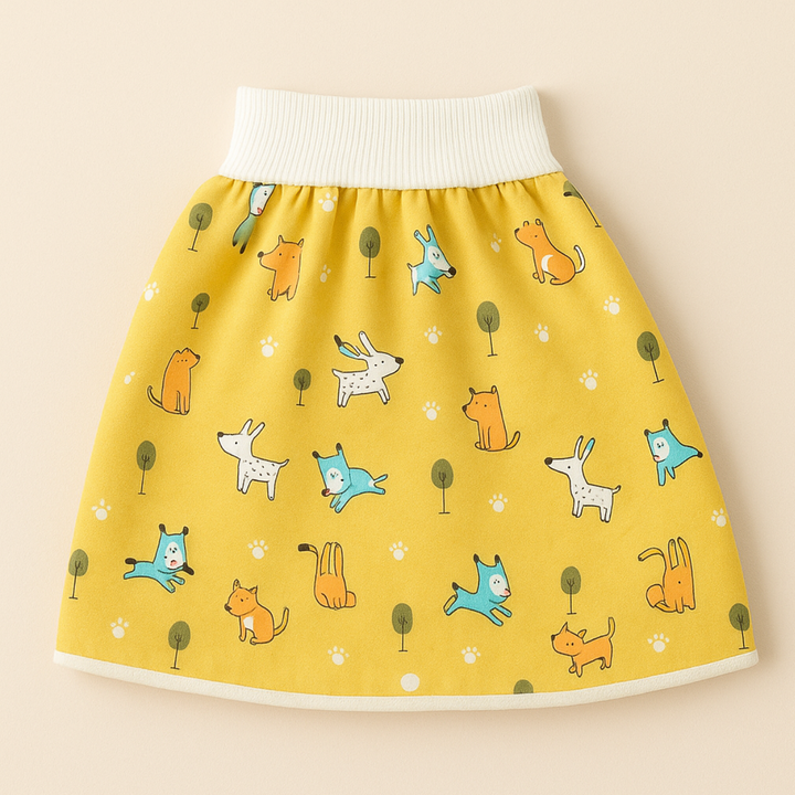 Yellow dog-print training skirt laid flat with a wide white waistband