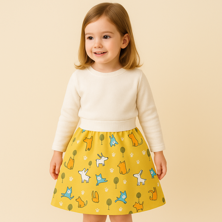 Child wearing a yellow dog-print training skirt and a cream long-sleeve top