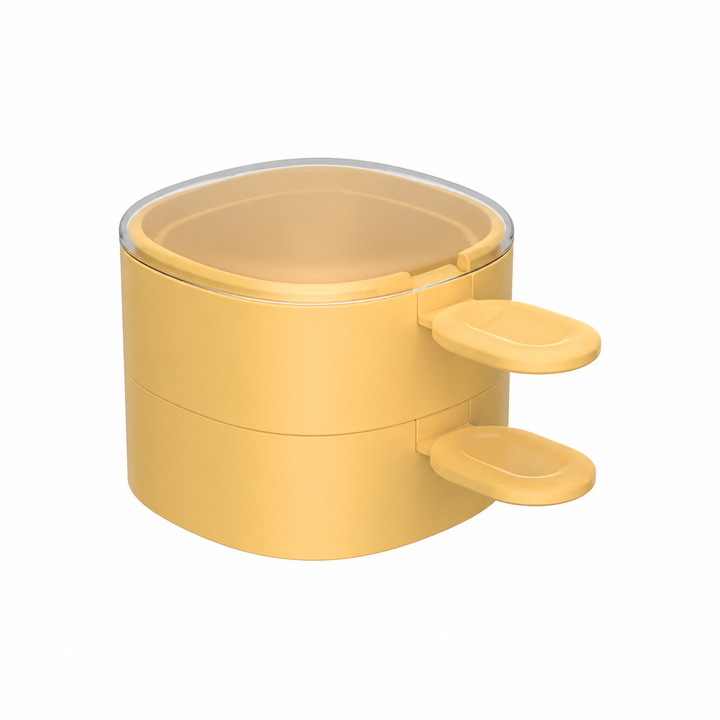 Yellow two-mold option shown stacked with two matching spoons and a transparent top lid.