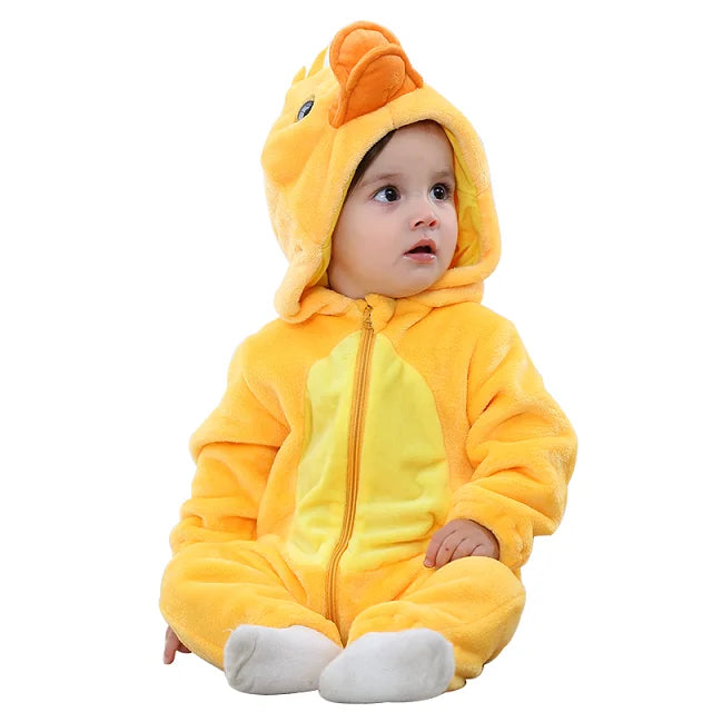 Baby wearing a yellow duck romper with an orange beak on the hood.