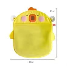 Yellow duck bath toy bag with measurements showing 42 cm width and 45 cm height