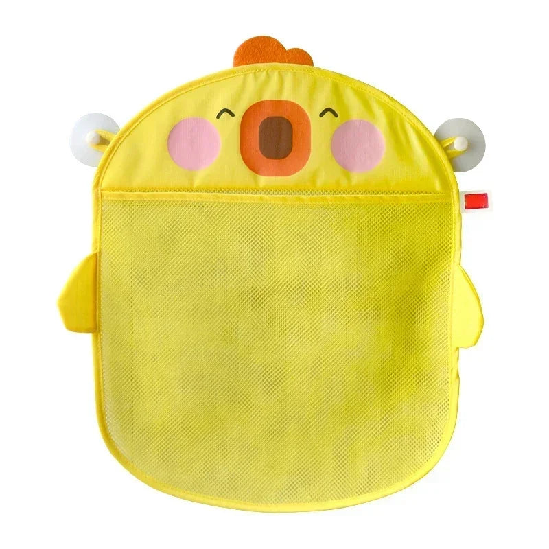 Yellow duck bath toy storage bag with an empty mesh pocket and two suction cups