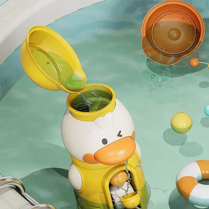 Water poured into a yellow duck bath spinner through its open top