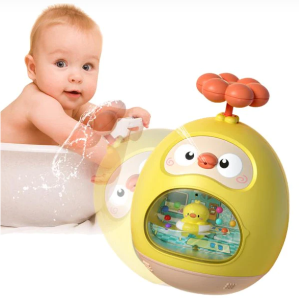 Yellow duck-shaped bath toy with a flower-shaped handle shown beside a child in a white bathtub