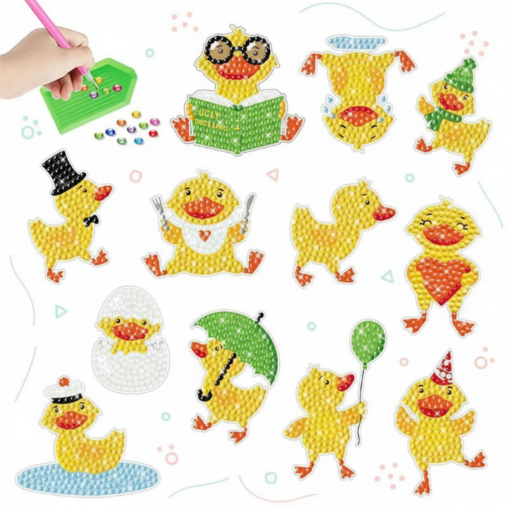 Yellow duck diamond painting stickers with playful costumes and accessories
