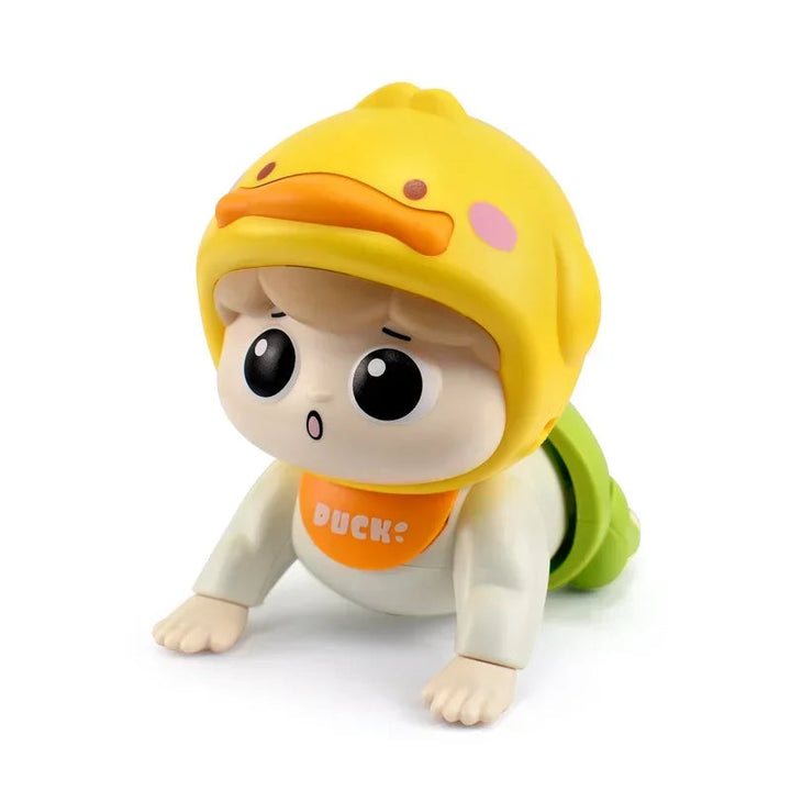 Yellow duck-themed crawling doll with green pants and an orange bib