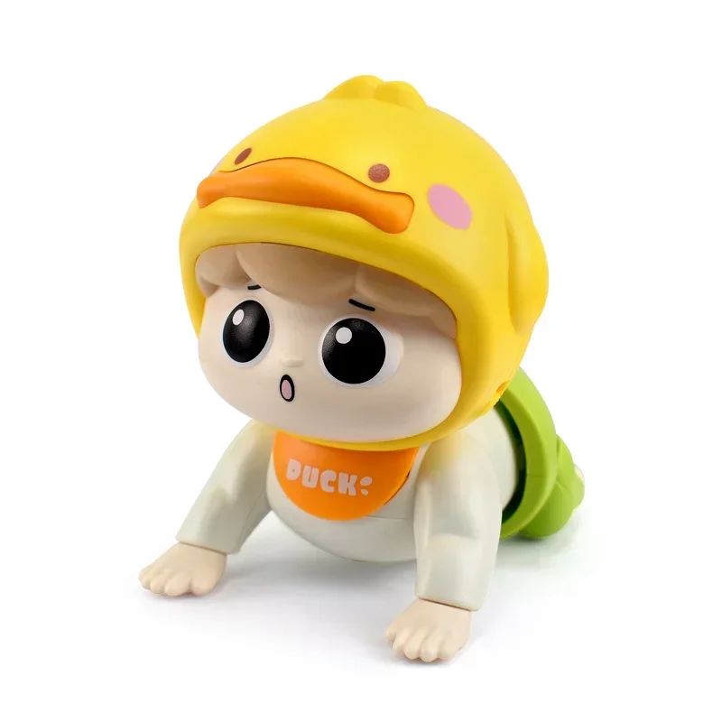 Front view of the yellow crawling doll with a duck-themed hat and green pants