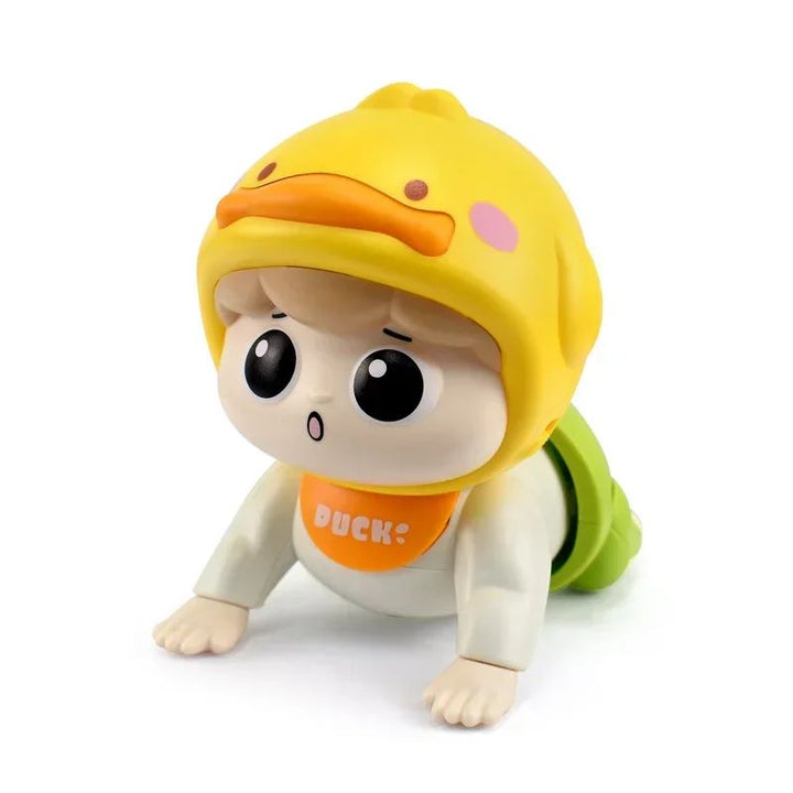 Front view of the yellow crawling doll with a duck-themed hat and green pants