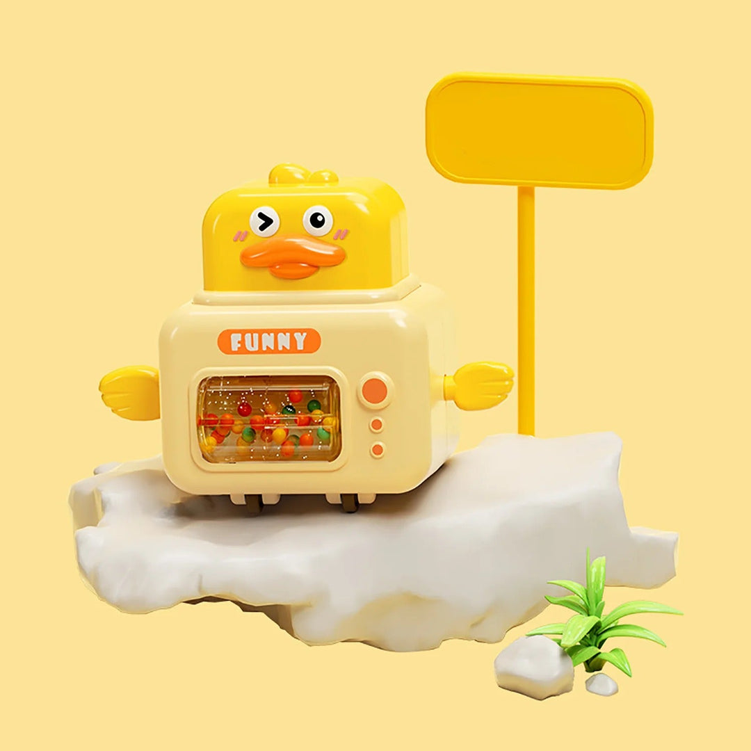 Yellow duck toy car with a cream body, side wings, and front bead roller