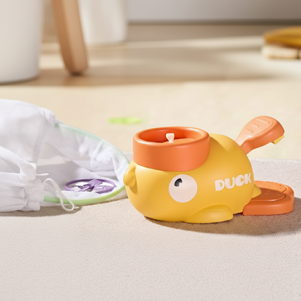 Yellow duck-shaped disc launcher with orange details, flying discs, and catching nets