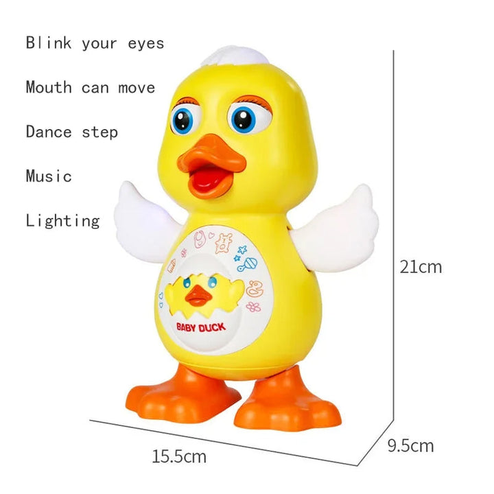 Yellow duck toy with labeled dancing features and a 21 cm height measurement