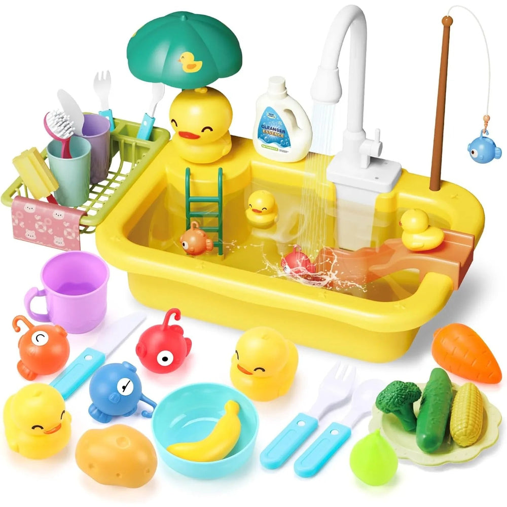 Yellow duck play sink with faucet, fishing rod, toy fish, dishes, and play food