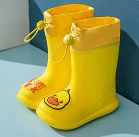 Yellow duck rain boots with matching drawstring cuffs