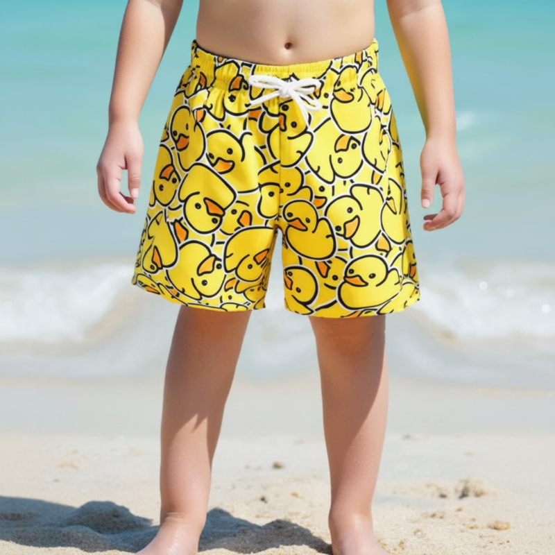 Yellow duck-print swim trunks with an elastic waistband and white drawstring, worn at the beach