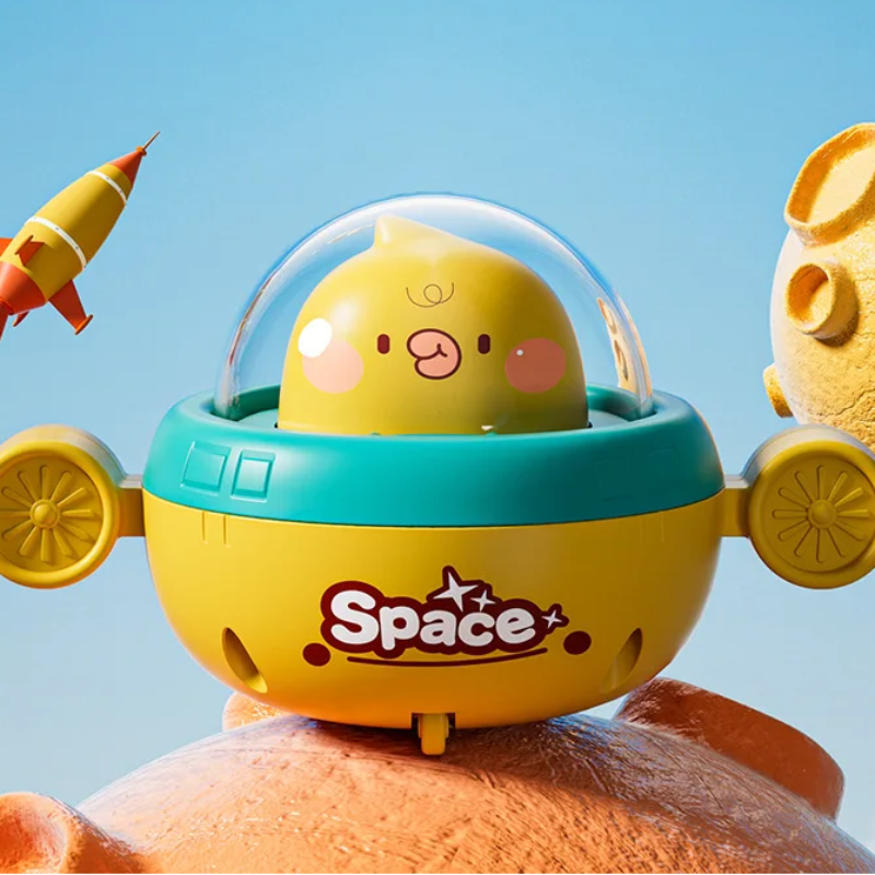 Yellow duck UFO toy with a teal rim, yellow body, and clear dome.