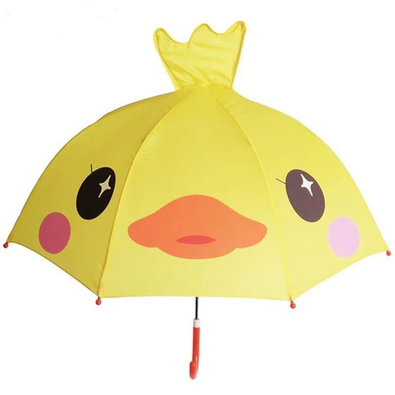 Yellow duck umbrella with an orange beak, rosy cheeks, and a red curved handle