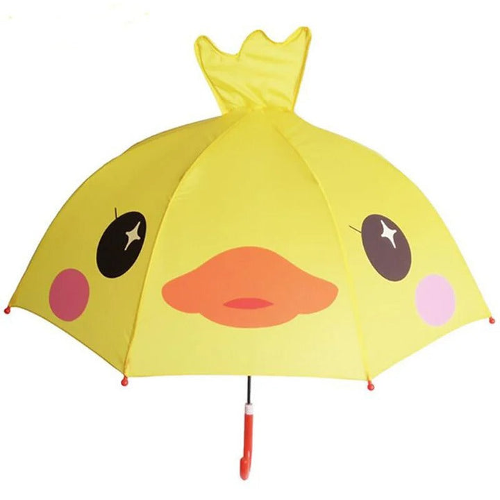 Yellow duck umbrella with an orange beak, rosy cheeks, and a red curved handle