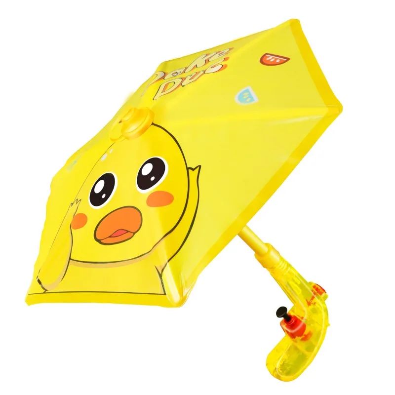 Yellow duck umbrella water gun with an open canopy and translucent handle