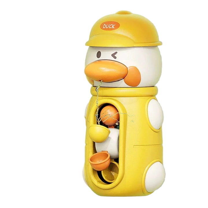 Yellow duck bath toy with a water stream and colorful spinning cups