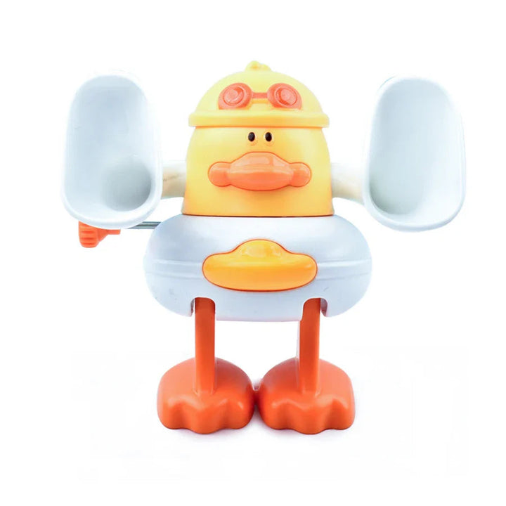Yellow duck wind-up toy with white wings and orange feet