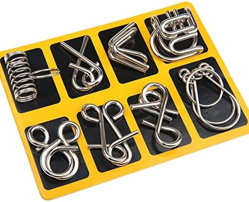Yellow tray holding eight metal puzzles, including coil, loop, and bent-wire designs.