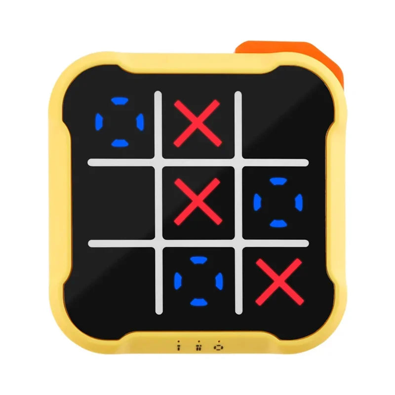 Yellow electronic tic-tac-toe game with illuminated red Xs and blue Os