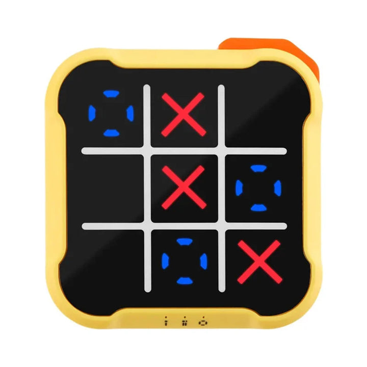 Yellow electronic tic-tac-toe game with illuminated red Xs and blue Os