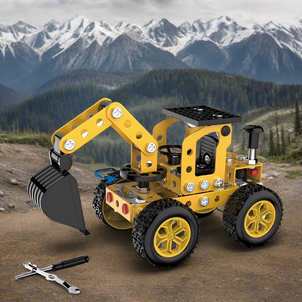 Yellow metal excavator building model with a black digging bucket, wrench, and screwdriver