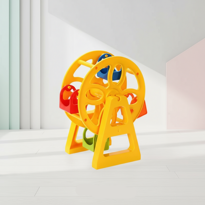 Yellow toy Ferris wheel with colorful passenger gondolas