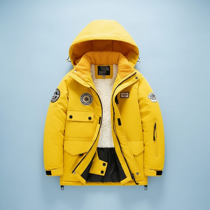 Yellow hooded ski jacket with white fleece lining and front pockets