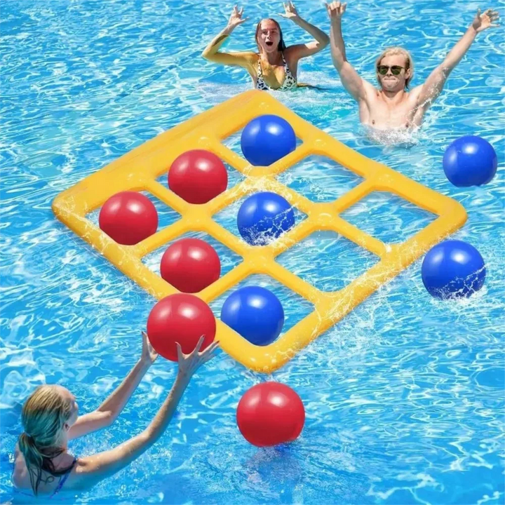 Players tossing red and blue balls toward a yellow inflatable nine-space grid in a swimming pool
