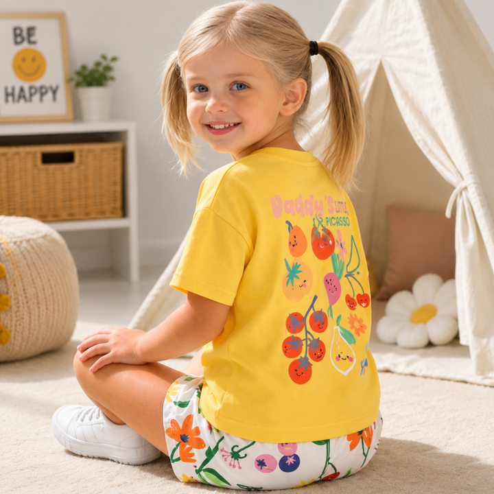 Child seated indoors wearing a yellow floral-back T-shirt and white botanical-print shorts