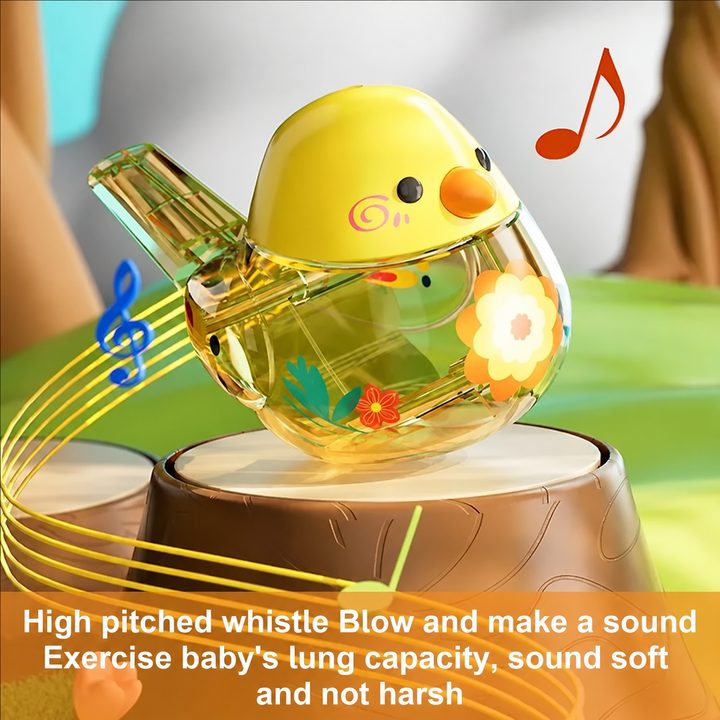 Yellow bird-shaped whistle with flower details and musical-note graphics