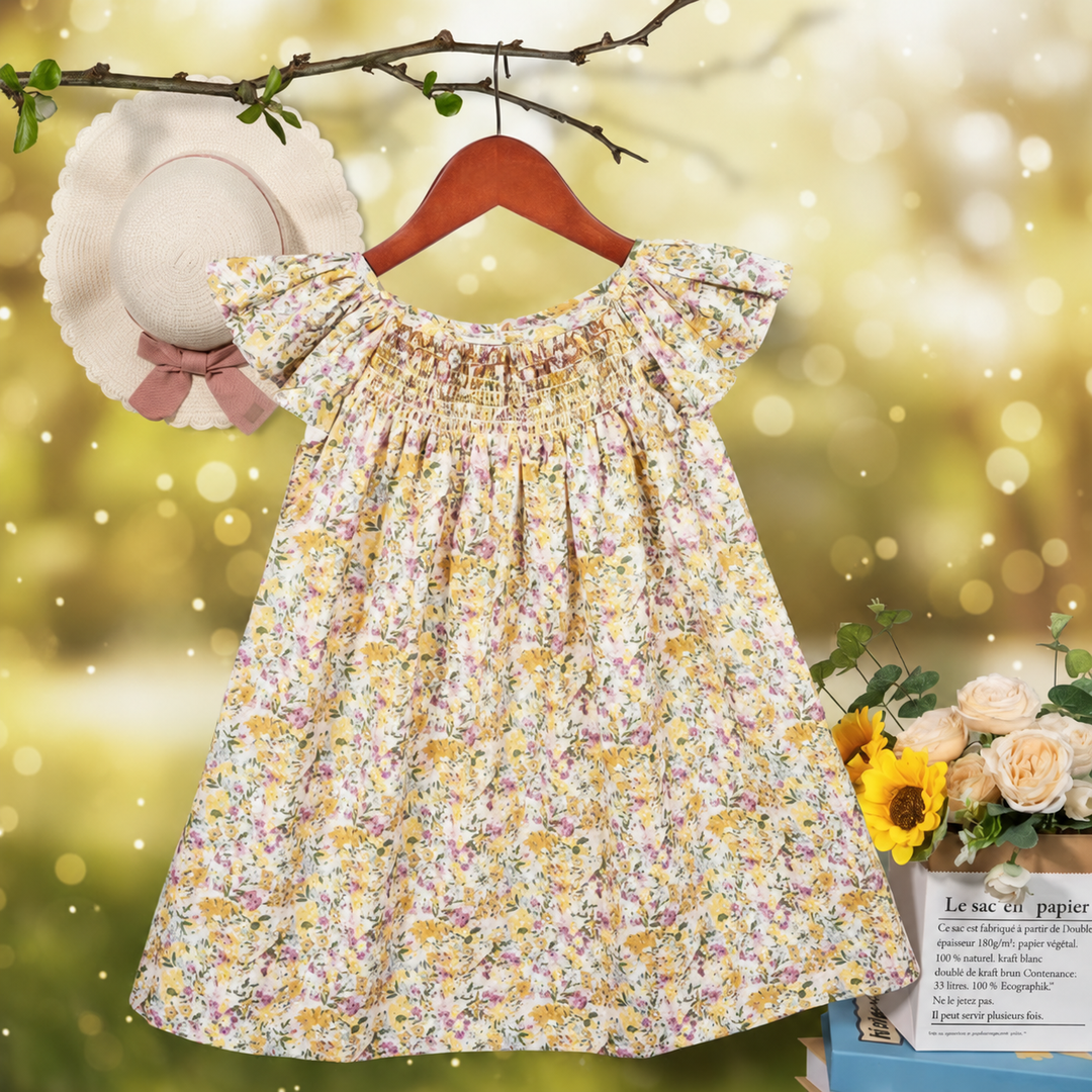 Pale yellow floral dress with flutter sleeves, a smocked chest, and a gathered A-line skirt.
