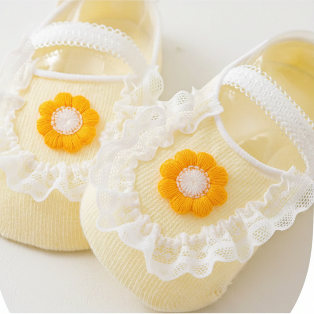 Yellow baby socks with daisy-style flowers, white lace edging and bands across the feet