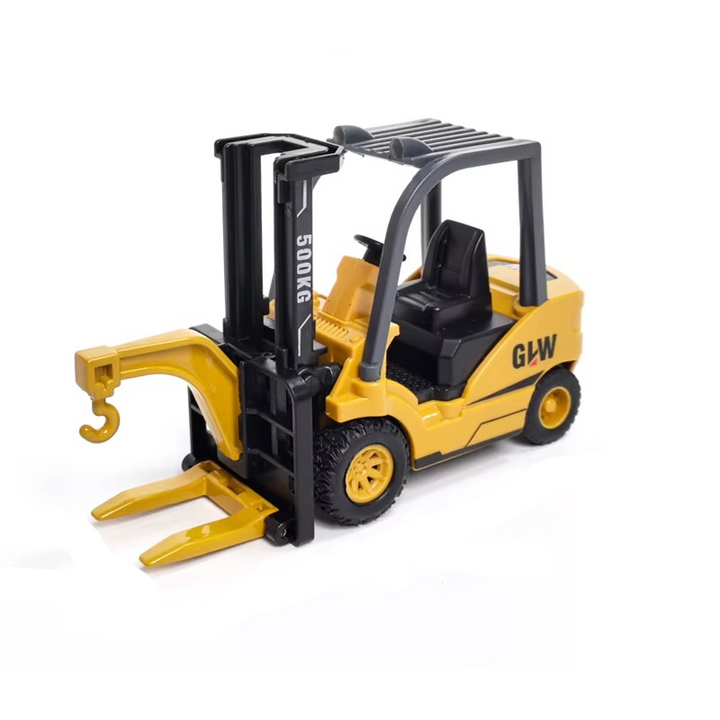 Yellow forklift toy with a black lifting mast, two forks and an open cab