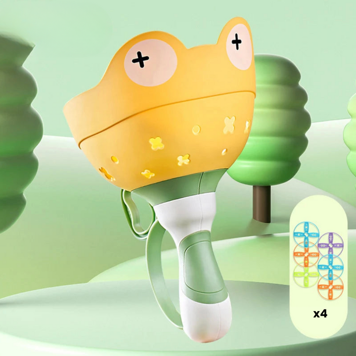 Yellow frog-shaped disc launcher with an inset showing four discs