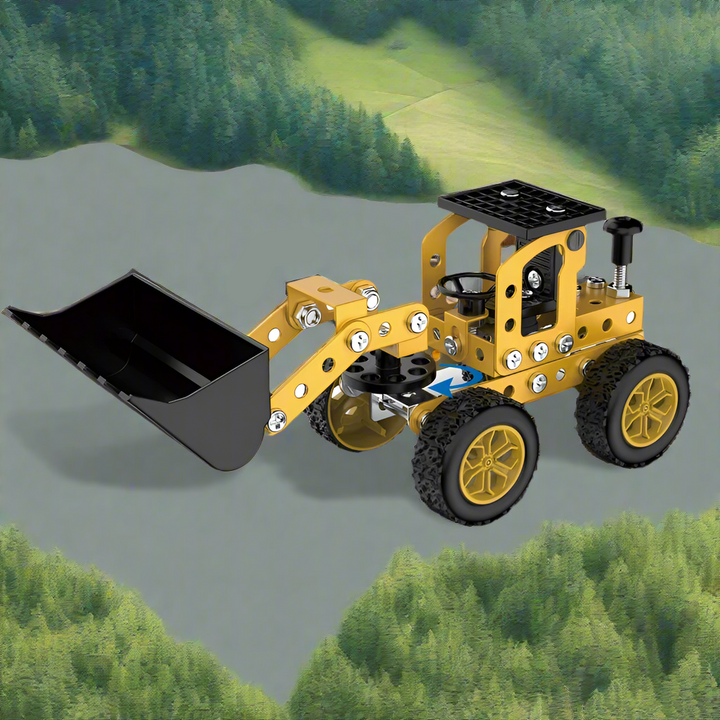 Yellow metal loader model with a wide black front bucket and four wheels